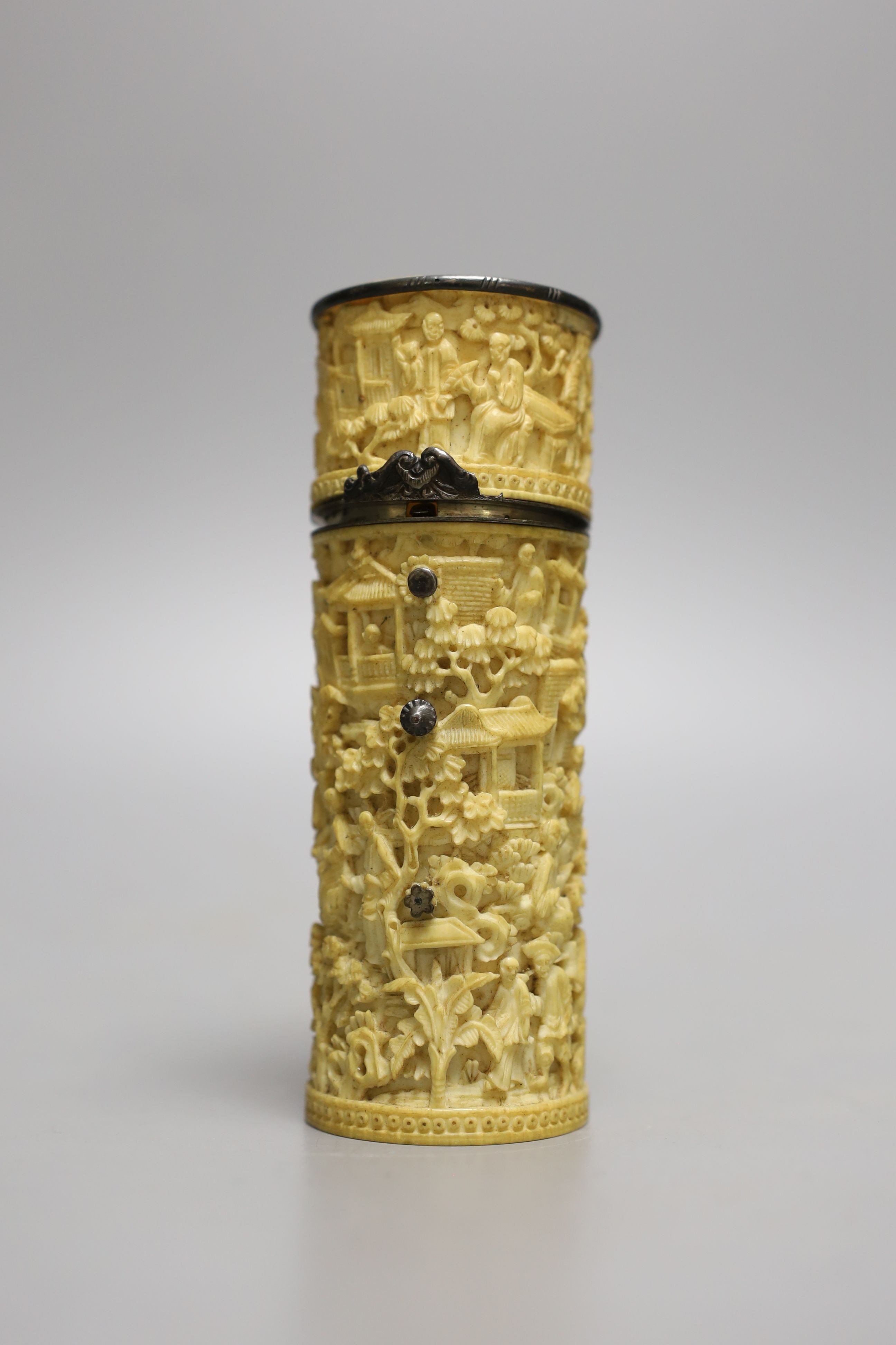 A 19th century carved Cantonese export ivory case and mother-of-pearl games counters - 12.5cm tall